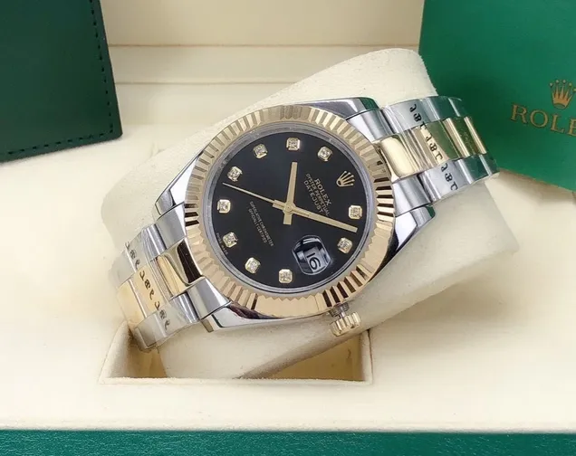 podróbka rolex datejust stalowo złoty z czarną tarczą