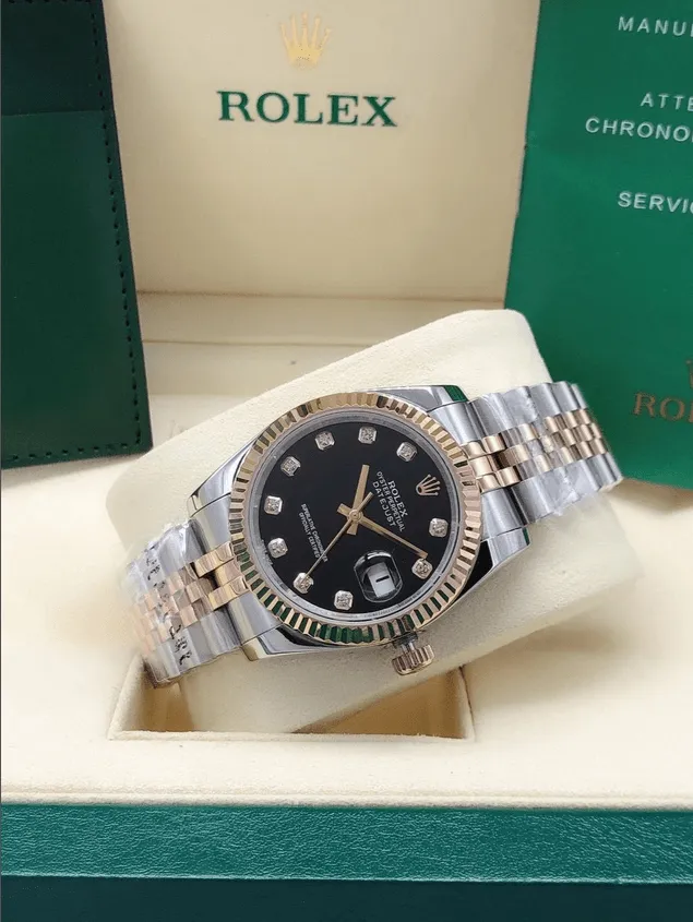 podróbka rolex datejust różowe złoto czarna tarcza