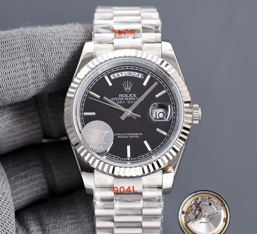 podróbka rolex daydate stalowy z czarną tarczą